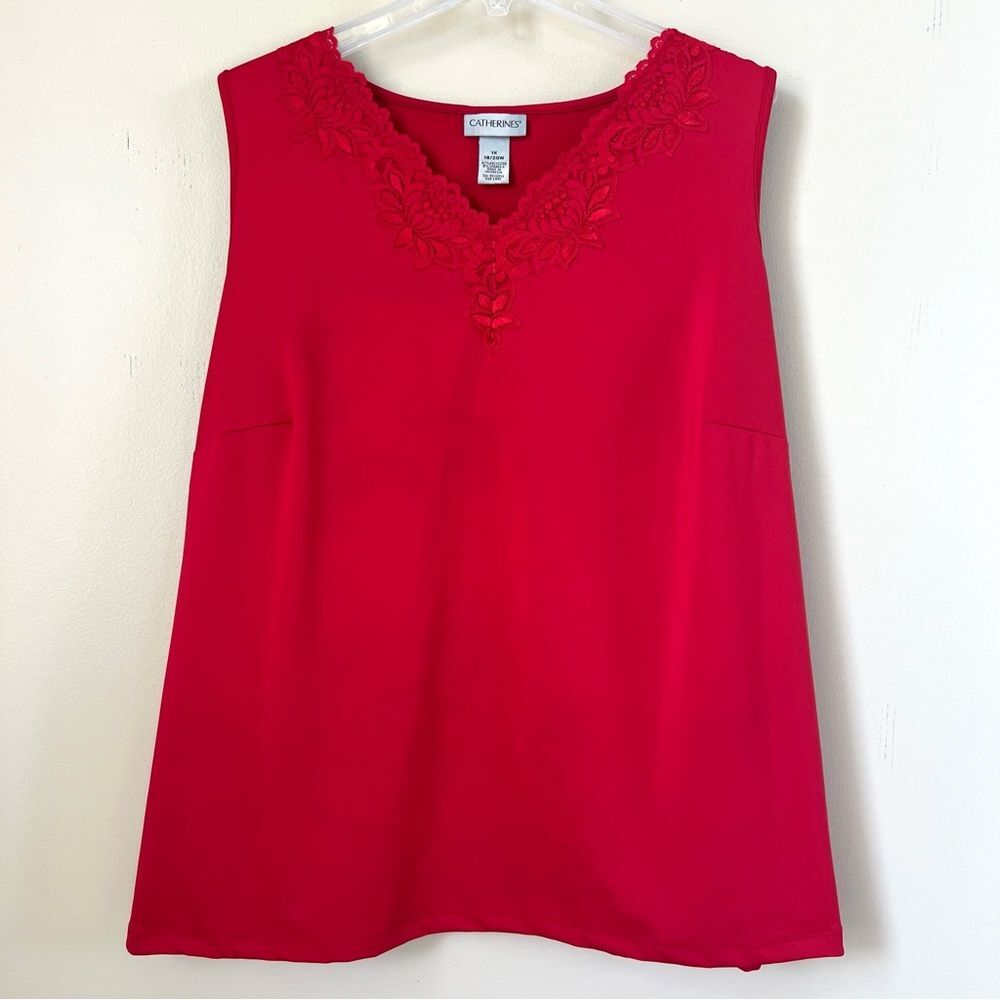 Catherine’s Red Sleeveless Lace V Neck Lightweight Summer Blouse Top SZ Plus 1X